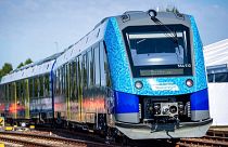 A hydrogen-powered regional train stands at Bremervoerde station