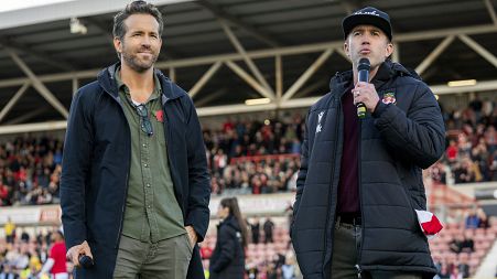 Ryan Reynolds, left, and Rob McElhenney in a scene from the docuseries "Welcome to Wrexham"