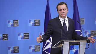 Kosovo's Prime Minister Albin Kurti address a media conference after a meeting with NATO Secretary General Jens Stoltenberg in Brussels, 19 August 2022