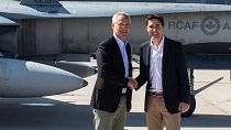 NATO Secretary General Jens Stoltenberg and Prime Minister Justin Trudeau say goodbye at 4 Wing Cold Lake air base in Cold Lake Alta,.