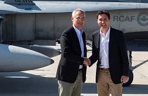 NATO Secretary General Jens Stoltenberg and Prime Minister Justin Trudeau say goodbye at 4 Wing Cold Lake air base in Cold Lake Alta,.