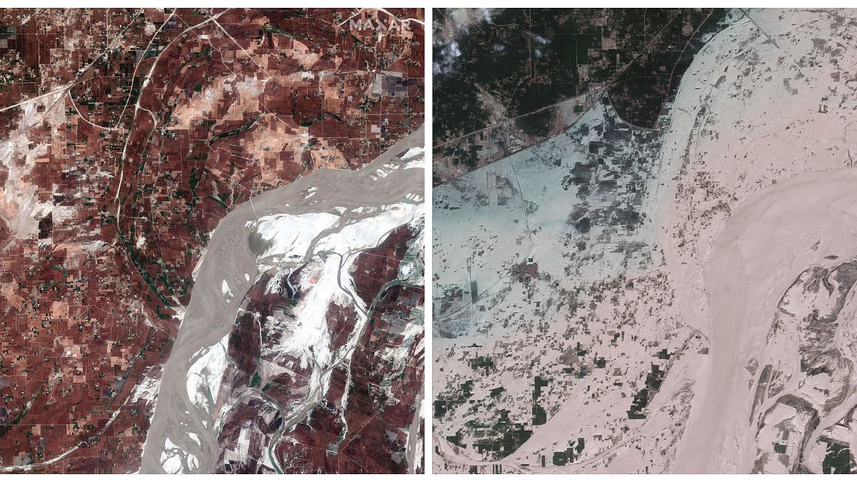 This combination of March 24 and Aug. 28, 2022 photos provided by Maxar Technologies shows the Indus River in the aftermath of flooding in Rajanpur, Pakistan