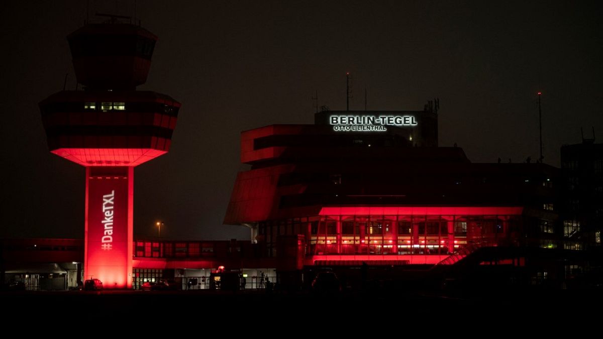 Tegel 'Otto Lilienthal' Airport, before lights and illumination of the main terminal and control tower are gradually switched off, Berlin on November 8, 2020