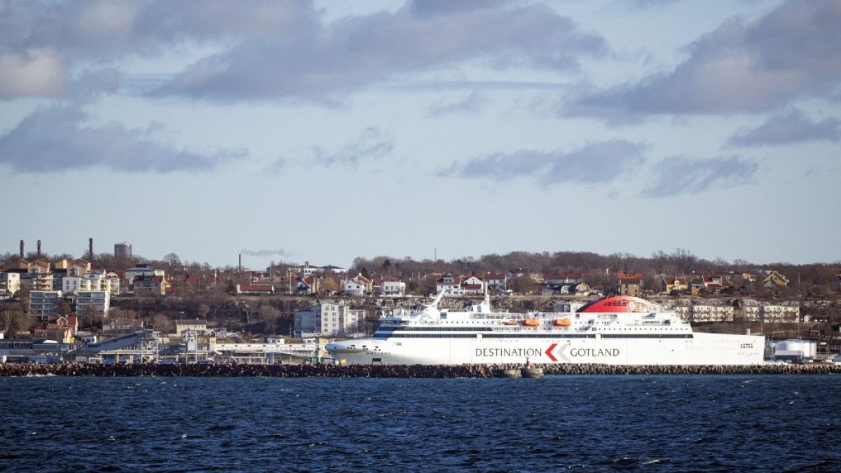 A ferry anchored in the harbour town of Visby on the island of Gotland.