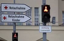 تابلوهای راهنما در مقابل بیمارستانی در شهر مونیخ آلمان