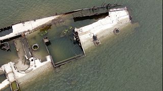 The wreckage of a WWII German warship is seen in the Danube river near Prahovo, 29 August 2022