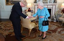 Britain's Queen Elizabeth II welcomes newly elected leader of the Conservative party Boris Johnson during an audience at Buckingham Palace, London, Wednesday July 24, 2019 