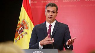 Spain's Prime Minister Pedro Sanchez talks to the media during a news conference in Skopje.