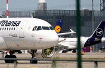 Planes of German air carrier Lufthansa are parked at Frankfurt airport, Germany.