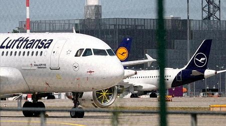 Planes of German air carrier Lufthansa are parked at Frankfurt airport, Germany.