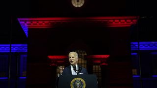 US President Joe Biden speaks outside Independence Hall, in Philadelphia.