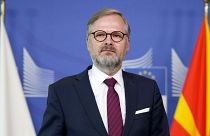 Czech Republic's Prime Minister Petr Fiala speaks to the media at the EU headquarters in Brussels.