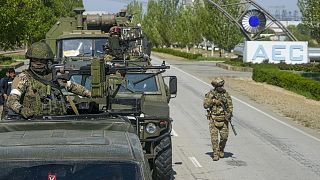 A Russian military convoy is seen on the road toward the Zaporizhzhia Nuclear Power Station, in Enerhodar, 1 May 2022