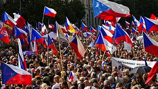 Thousands of demonstrators gather to protest against the government at the Vencesla's Square in Prague, Czech Republic, Saturday, Sept. 3, 2022.