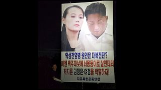المنشق الكوري الشمالي بارك سانغ هاك يقف إلى جانب صورة مناهضة للزعيم كوريا الشمالية وأخته 04/09/2022