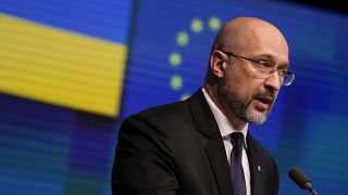 Ukrainian Prime Minister Denys Shmyhal speaks at media conference at the end of the EU-Ukraine Association Council at the European Council, Brussels on Monday, Sept. 5, 2022.