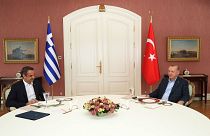 لقاء الرئيس التركي رجب طيب أردوغان (إلى اليمين) برئيس الوزراء اليوناني كيرياكوس ميتسوتاكيس (إلى اليسار) في إسطنبول، 13 مارس / آذار 2022 