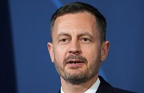 Slovakia's Prime Minister Eduard Heger speaks during a press conference in Berlin in June.