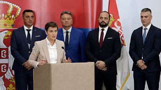 Serbian Prime Minister Ana Brnabic speaks during her visit in the northern, Serb-dominated part of ethnically divided town of Mitrovica, Kosovo, Monday, Sept. 5, 2022