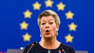 European Commissioner for Home Affairs Ylva Johansson delivers a speech during a debate on the situation of refugees after Russia's invasion of Ukraine, March 8, 2022