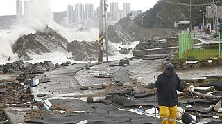 A road is damaged as waves hit a shore in Ulsan