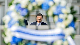 الرئيس الإسرائيلي إسحاق هرتزوغ يحضر مراسم وضع إكليل من الزهور في النصب التذكاري للهولوكوست في برلين، ألمانيا، يوم الثلاثاء 6 سبتمبر 2022.