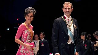 Spain's King Felipe and his wife Queen Letizia arrive at the Imperial Palace for the Court Banquet after the enthronement ceremony of Emperor Naruhito in Tokyo, 2019.