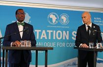 AfDB's Adesina Akinwumi (left) and GCA's Patrick Verkooijen at a joint press conference in Rotterdam.