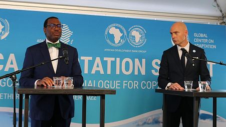 AfDB's Adesina Akinwumi (left) and GCA's Patrick Verkooijen at a joint press conference in Rotterdam.