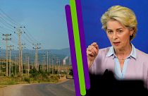 A g. : câbles électriques en Grèce (le 02/06/2022 - archives) / A dr. : la présidente de la Commission européenne Ursula von der Leyen, Bruxelles, le 07/09/2022