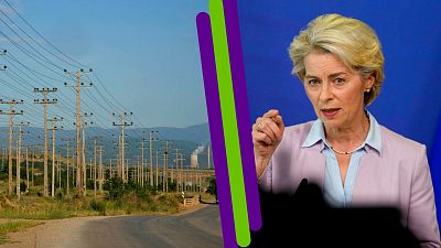 A g. : câbles électriques en Grèce (le 02/06/2022 - archives) / A dr. : la présidente de la Commission européenne Ursula von der Leyen, Bruxelles, le 07/09/2022