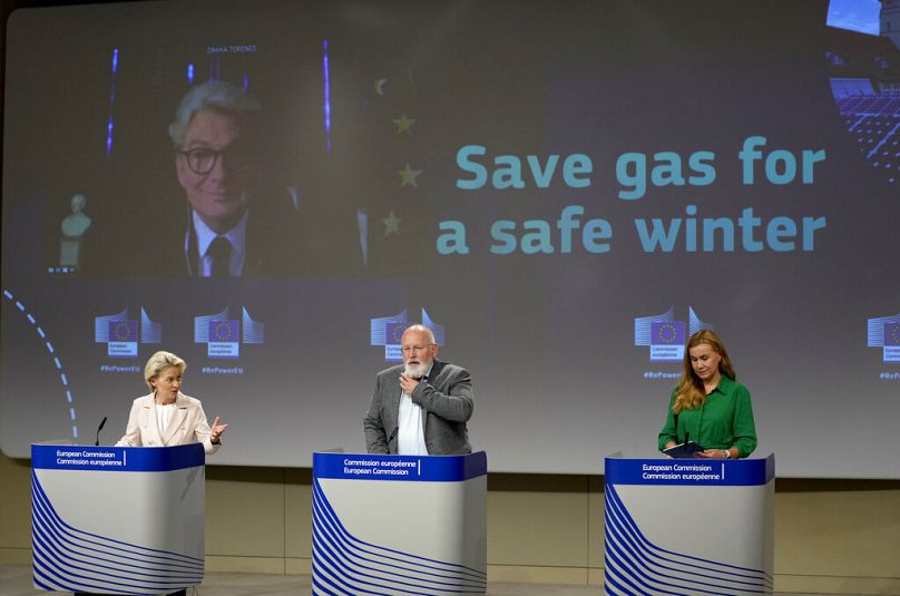 European Commission President Ursula von der Leyen, Commissioner for European Green Deal Frans Timmermans and Commissioner for Energy Kadri Simson in Brussels, July 2022