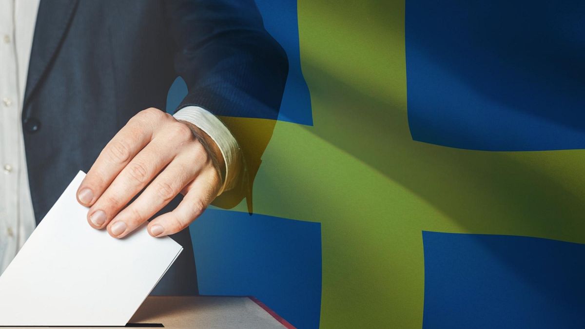 Graphic of person voting with Swedish flag behind