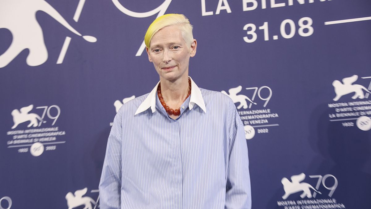 Tilda Swinton at the festival, with her hair dyed yellow in honour of Ukraine