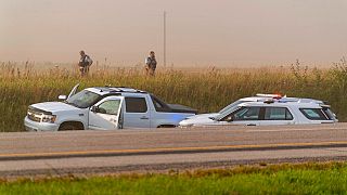 Police and investigators gather at the scene where a stabbing suspect was caught in Saskatchewan on Wednesday, Sept. 7, 2022. 