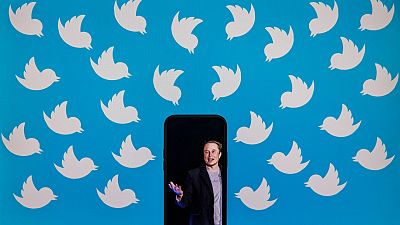 This file illustration photo taken on August 5, 2022 shows a cellphone displaying a photo of Elon Musk placed on a computer monitor filled with Twitter logos in Washington, DC
