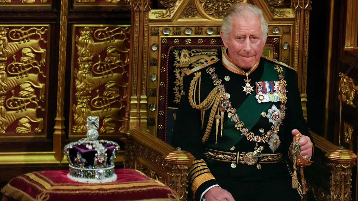Prince Charles is seated next to the Queen's crown during the State Opening of Parliament, at the Palace of Westminster in London, May 10, 2022.