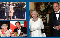 La reine Elizabeth II avec les présidents français François Mitterrand (en ht à g.), François Hollande (en bas à g.) et Jacques Chirac (à dr.)