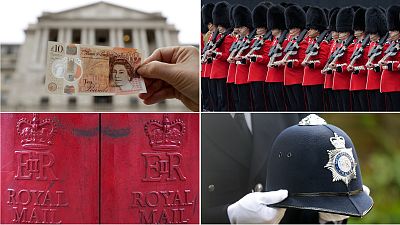 Clockwise from top left: A banknote, the Queen's Guard, a UK police helmet and a postbox.