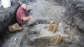 ماثيو ويليامسون عالم أنثروبولوجيا يبحث عن البقايا الأثرية في يولونيا، الولايات المتحدة.