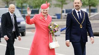 Denmark's Queen Margrethe walks together with Aarhus Mayor, Jacob Bundsgaard, upon her her arrival to the harbour of Aarhus, Denmark, Friday, 3 June 2022.