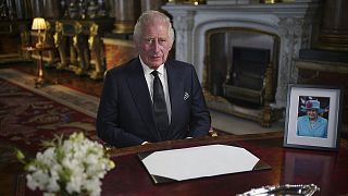 King Charles III delivers his address to the nation and the Commonwealth from Buckingham Palace, 9 September 2022