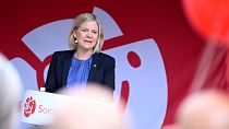 La Première ministre suédoise Magdalena Andersson prend la parole lors d'un meeting électoral à Celsiustorget, Uppsala, Suède, mercredi 7 septembre 2022.