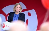 La Première ministre suédoise Magdalena Andersson prend la parole lors d'un meeting électoral à Celsiustorget, Uppsala, Suède, mercredi 7 septembre 2022.
