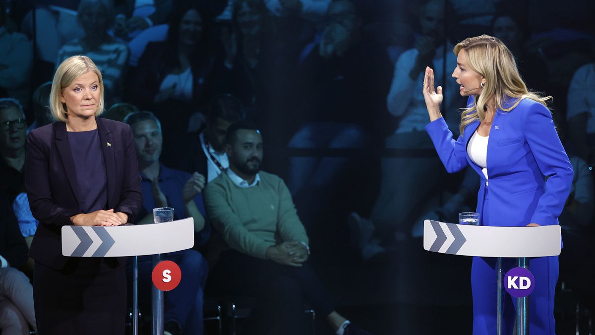 Prime minister Magdalena Andersson, leader of the Social Democrats, left, and Ebba Busch, leader of the Christian Democrats take part in a political debate on 8 September 2022