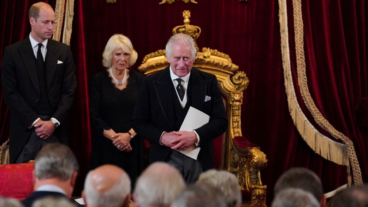 Charles III accompanied by Queen Consort and Prince of Wales at proclamation ceremony