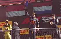 Podio a Monza: vince Verstappen, davanti a Leclerc e Russell. (11.9.2022)