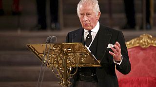Britain's King Charles III speaks at Westminster Hall.