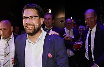 The leader of the Sweden Democrats Jimmie Åkesson celebrates at the party's election watch at Elite Hotel Marina Tower Tower in Nacka, near Stockholm