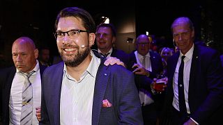 The leader of the Sweden Democrats Jimmie Åkesson celebrates at the party's election watch at Elite Hotel Marina Tower Tower in Nacka, near Stockholm